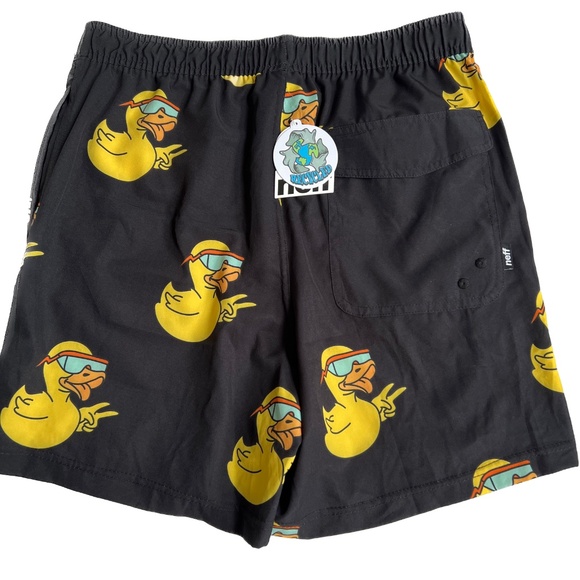 New NEFF Shorts Novelty Duck Print Swim Trunks Board Beach Black Yellow Sz L NWT - Picture 3 of 6